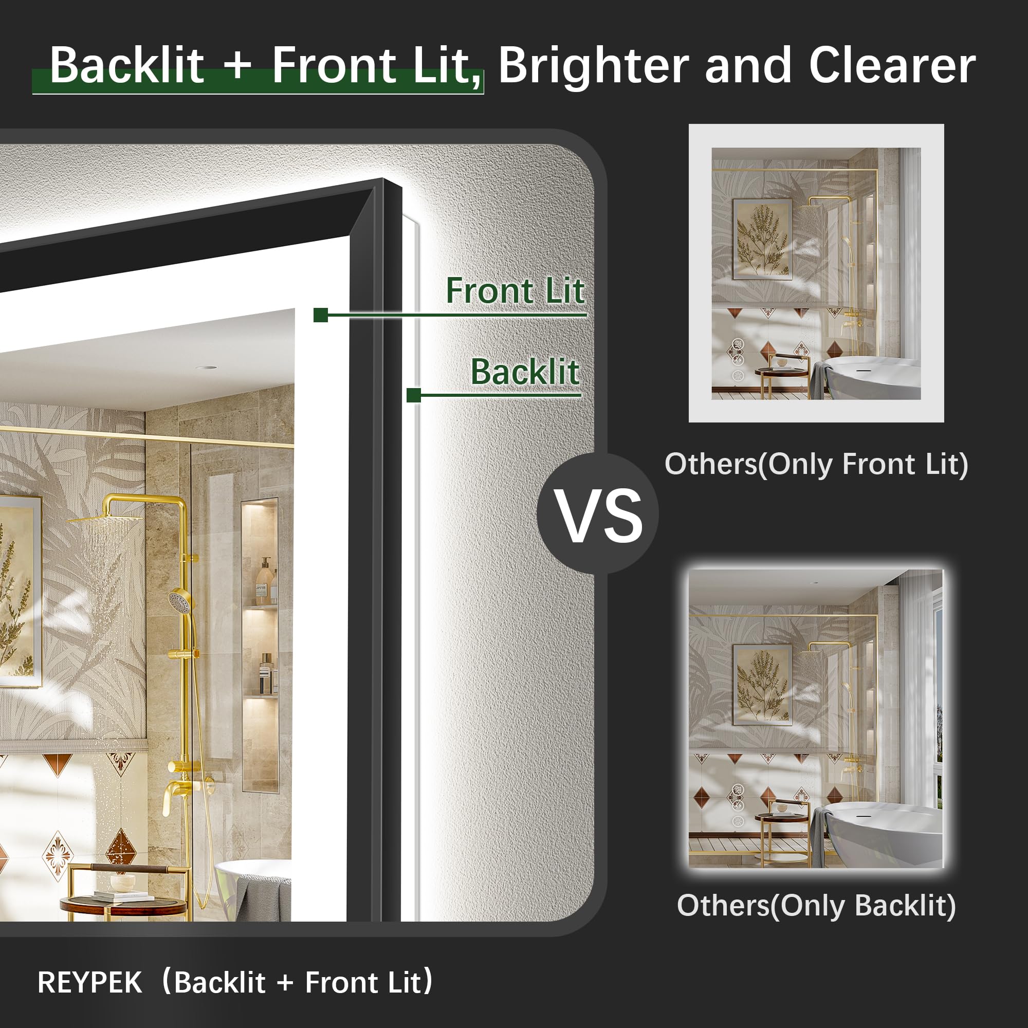 30x36 Black Framed LED Bathroom Mirror - Dimmable with Anti-Fog