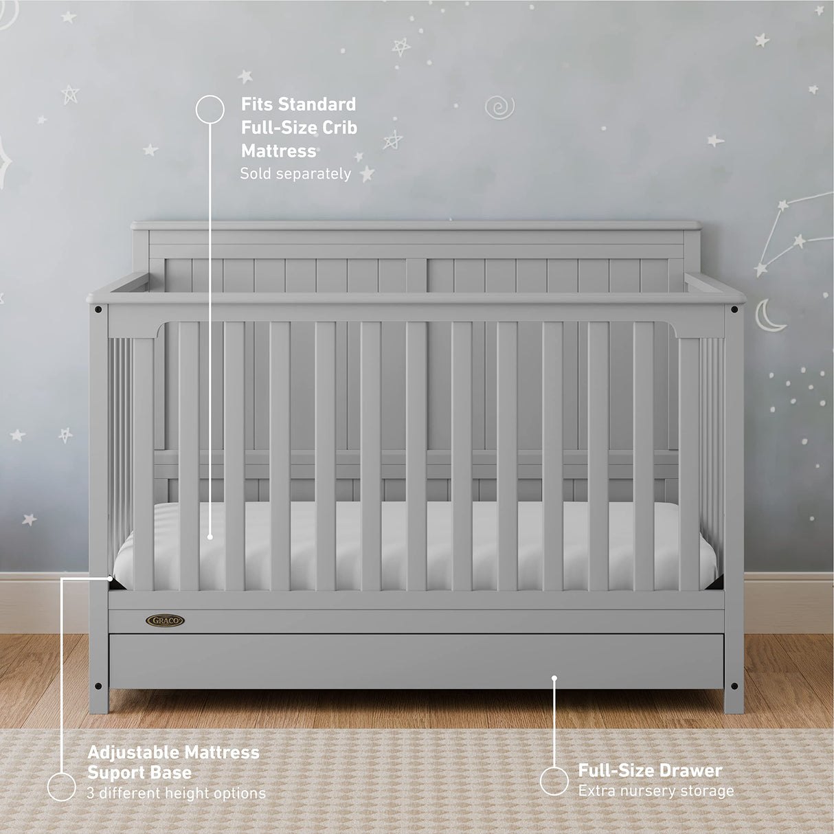 5-in-1 Convertible Crib with Drawer (Pebble Gray) – GREENGUARD Gold