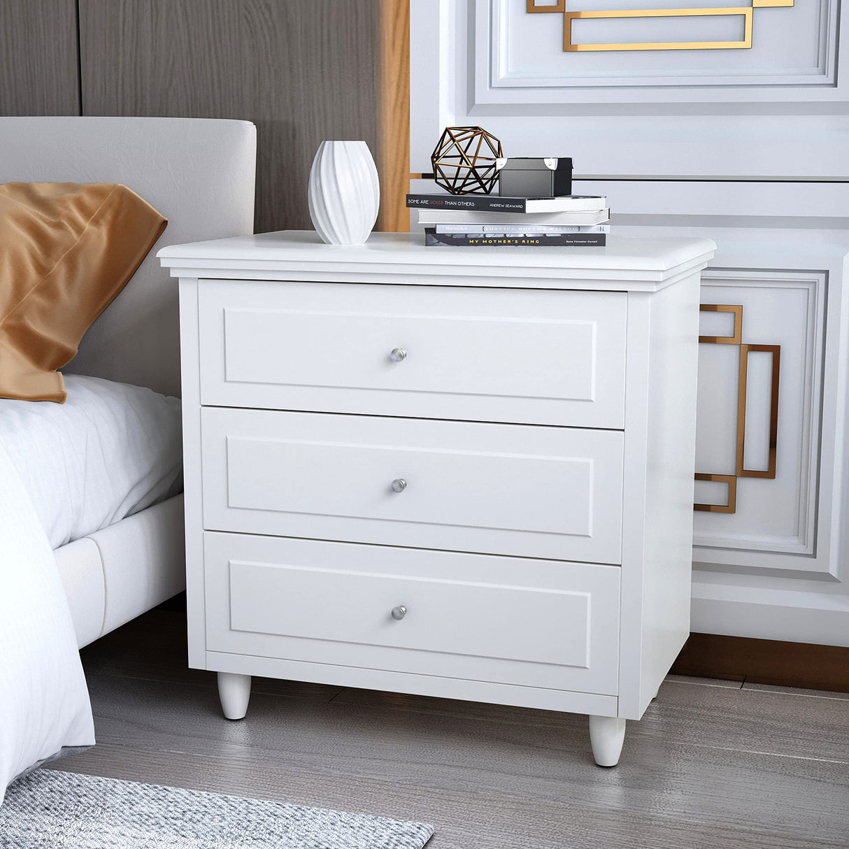 3 Drawers Nightstand, with Wood Legs,Modern White Drawers Dresser Bedside Nightstand