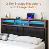 Queen Metal Bed Frame with Wooden Headboard and LED Charging Station
