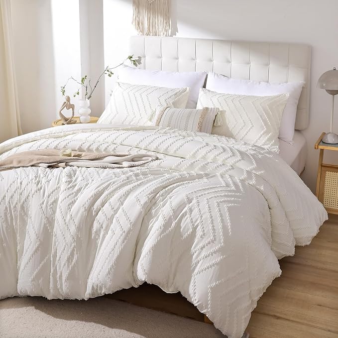 White Comforter King Size 3Pcs, Boho Comforter Set King White Farmhouse Bedding