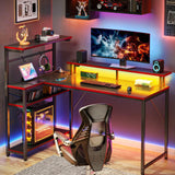 Seventable Gaming Desk with Power Outlet and LED Light, Reversible Small Desk with Monitor Stand, 4 Tiers Shelves and Hooks, 39" L Shaped Computer Desk for Living Room and Bedroom, Carbon Fiber Black