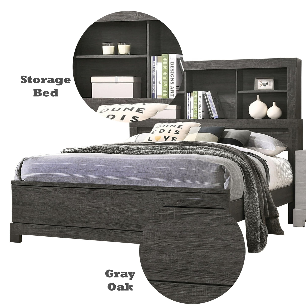 lantha Queen Bed w/Storage - - Gray Oak