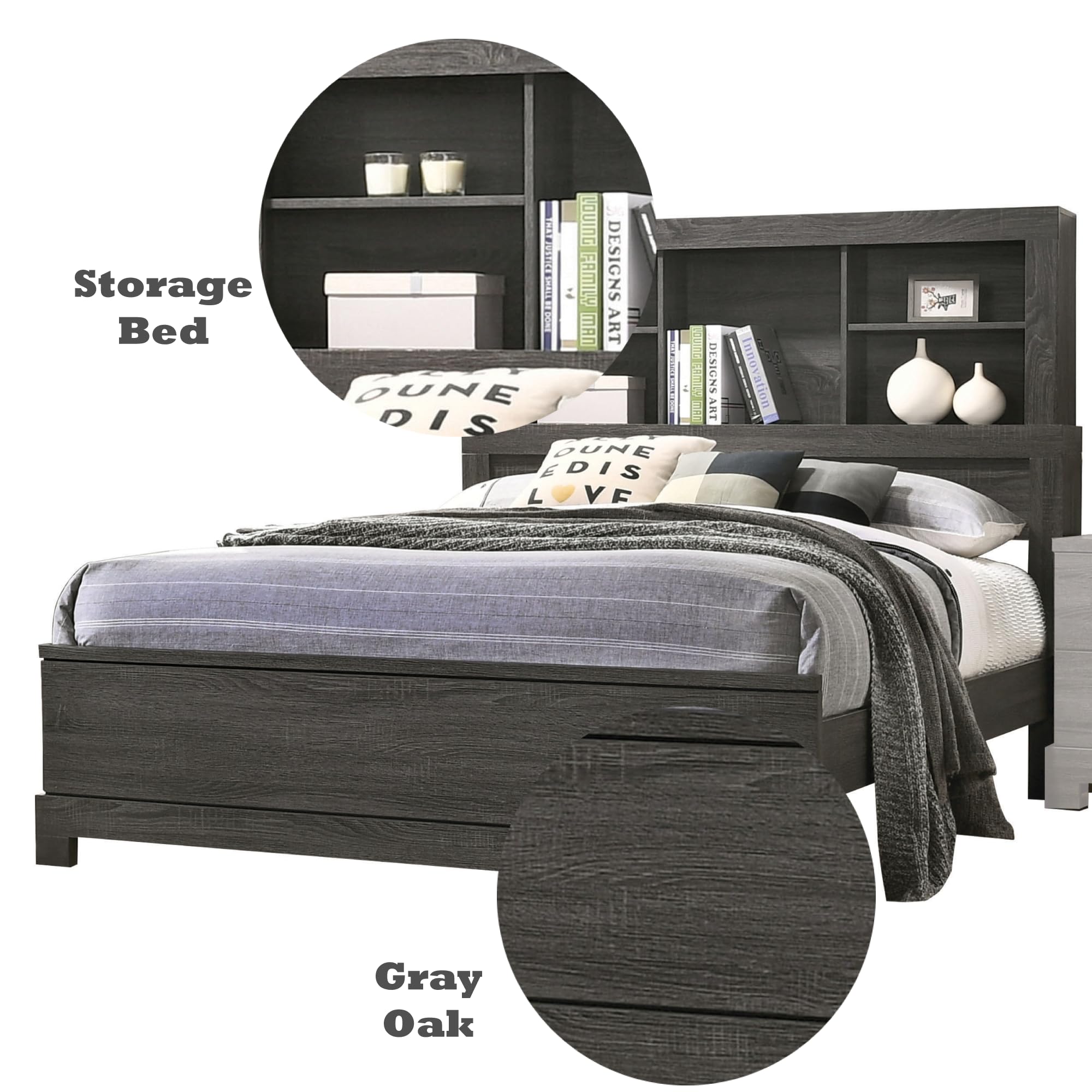 lantha Queen Bed w/Storage - - Gray Oak