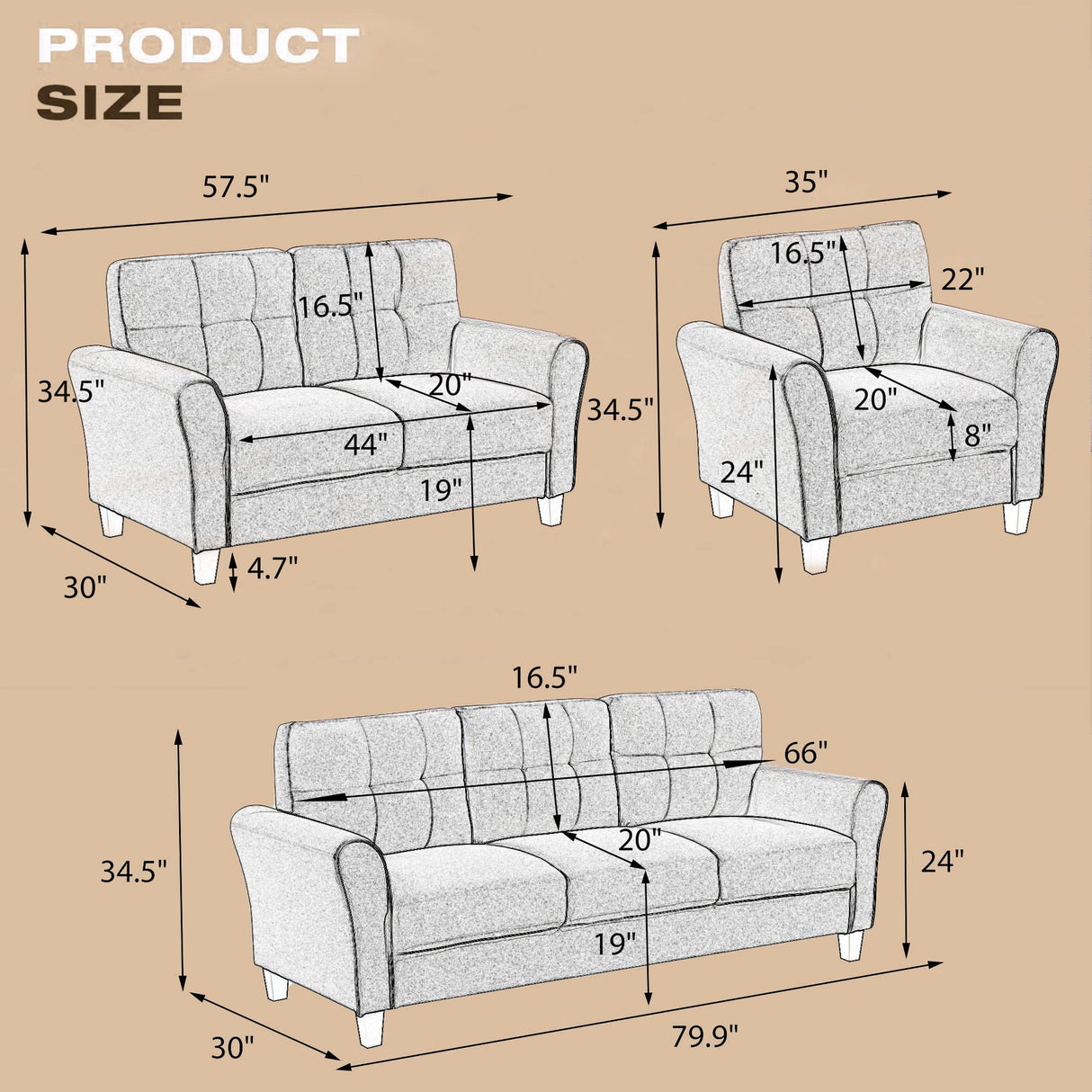 3-Piece Living Room Sectional Sofa Set