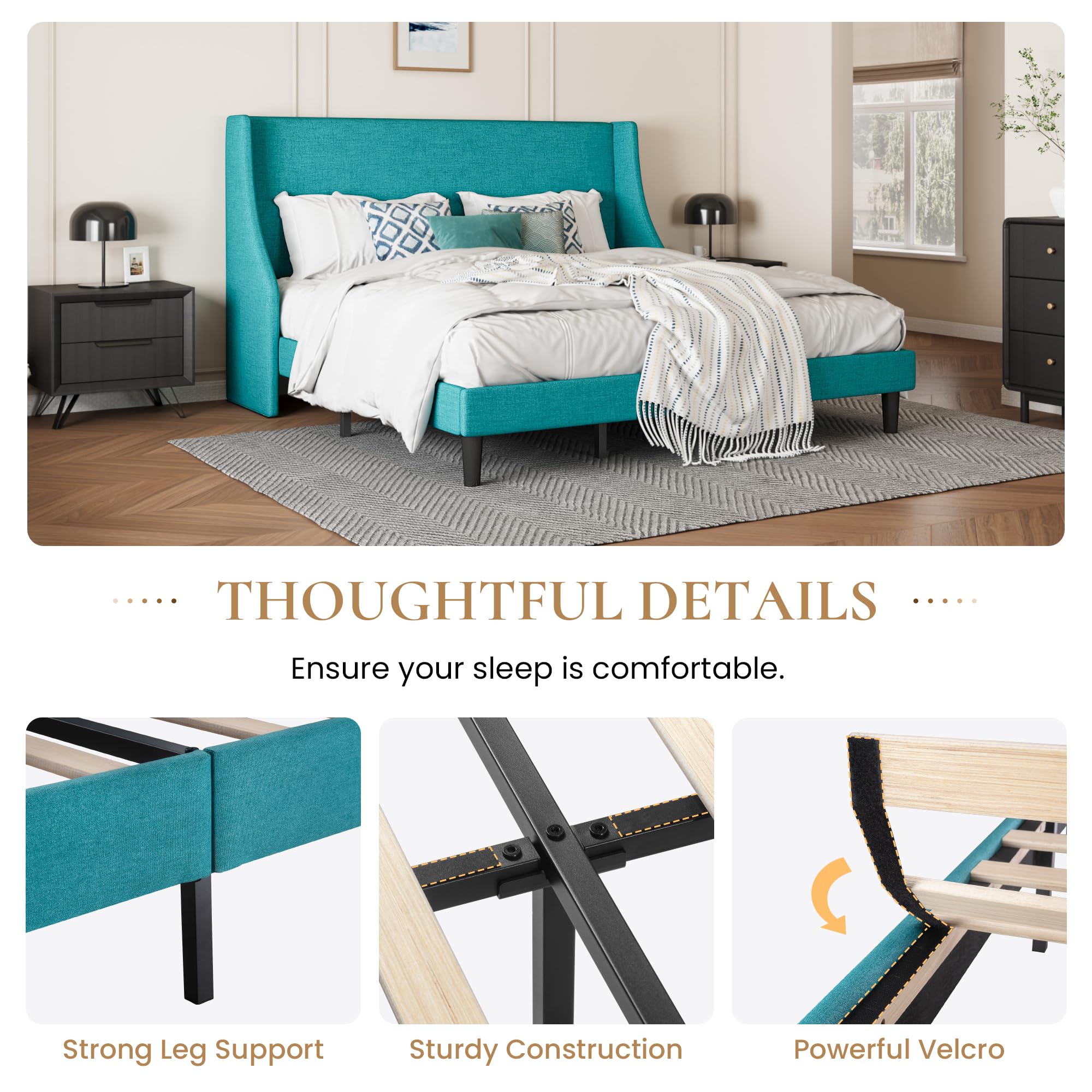 Upholstered Bed Frame King Size with Streamlined Wingback Headboard