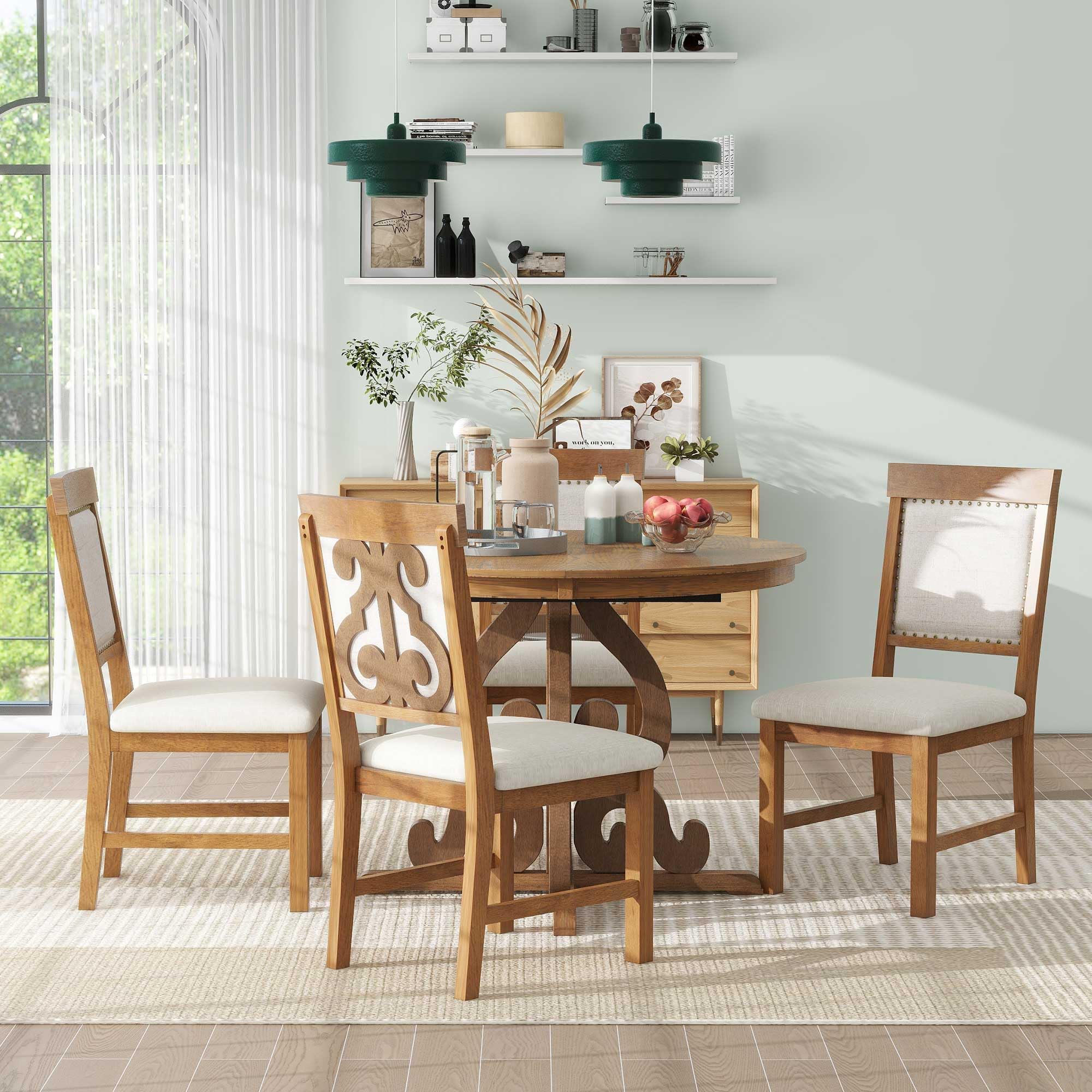 Round Solid Wood Dining Table Set for 4 - 5-Piece Farmhouse Kitchen Set