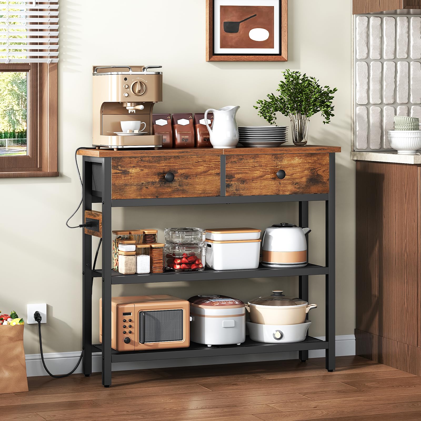 29.5" Narrow Console Table with Power Outlet & Fabric Drawers