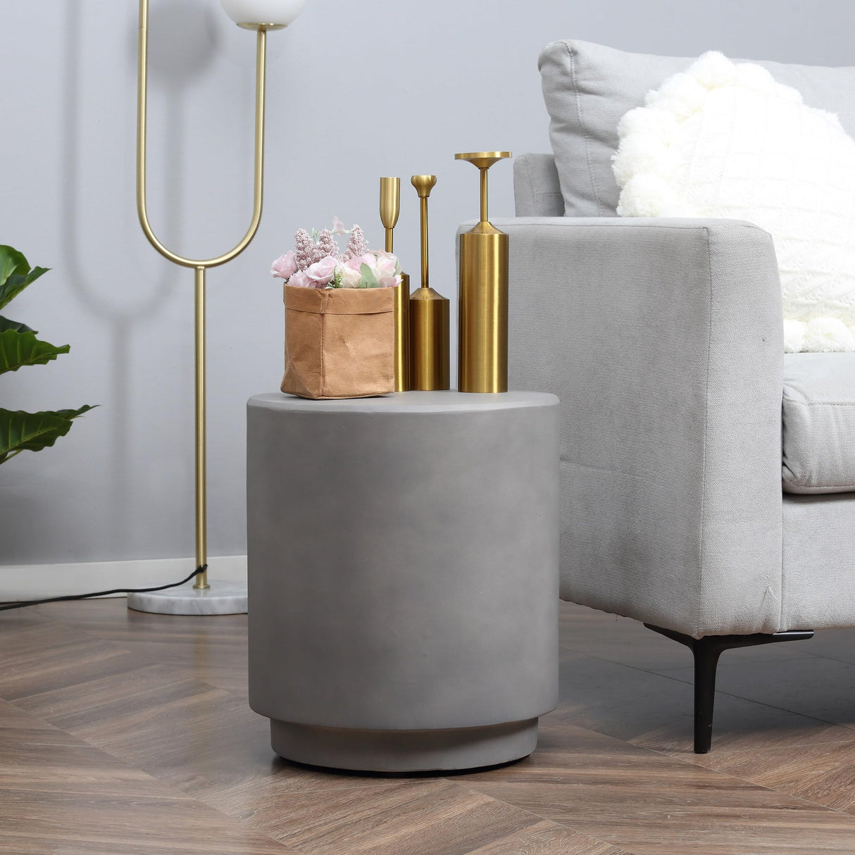 Round Side Table, Lightweight Accent Table with Concrete Finish, End Table