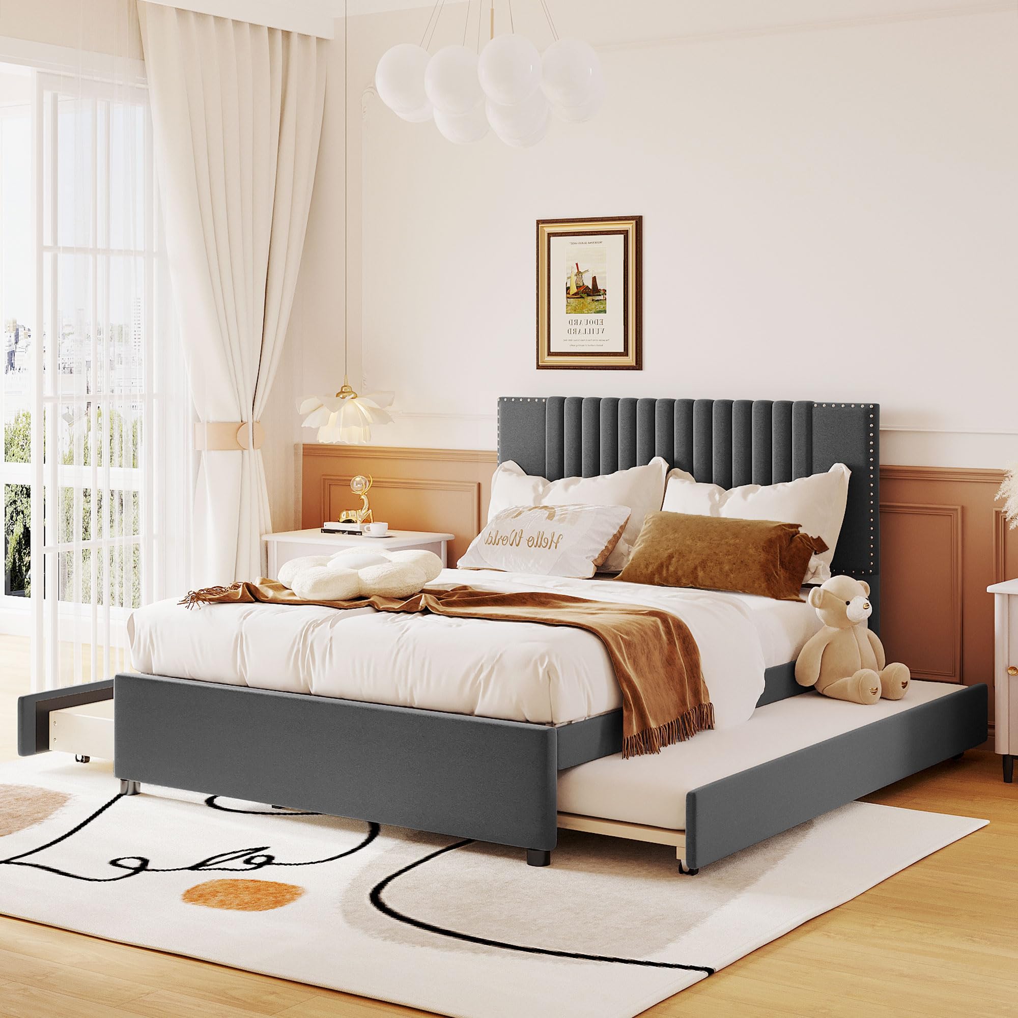 Platform Bed with 2 Drawers and Twin Size Trundle,Modern Solid Wood Bed Frame