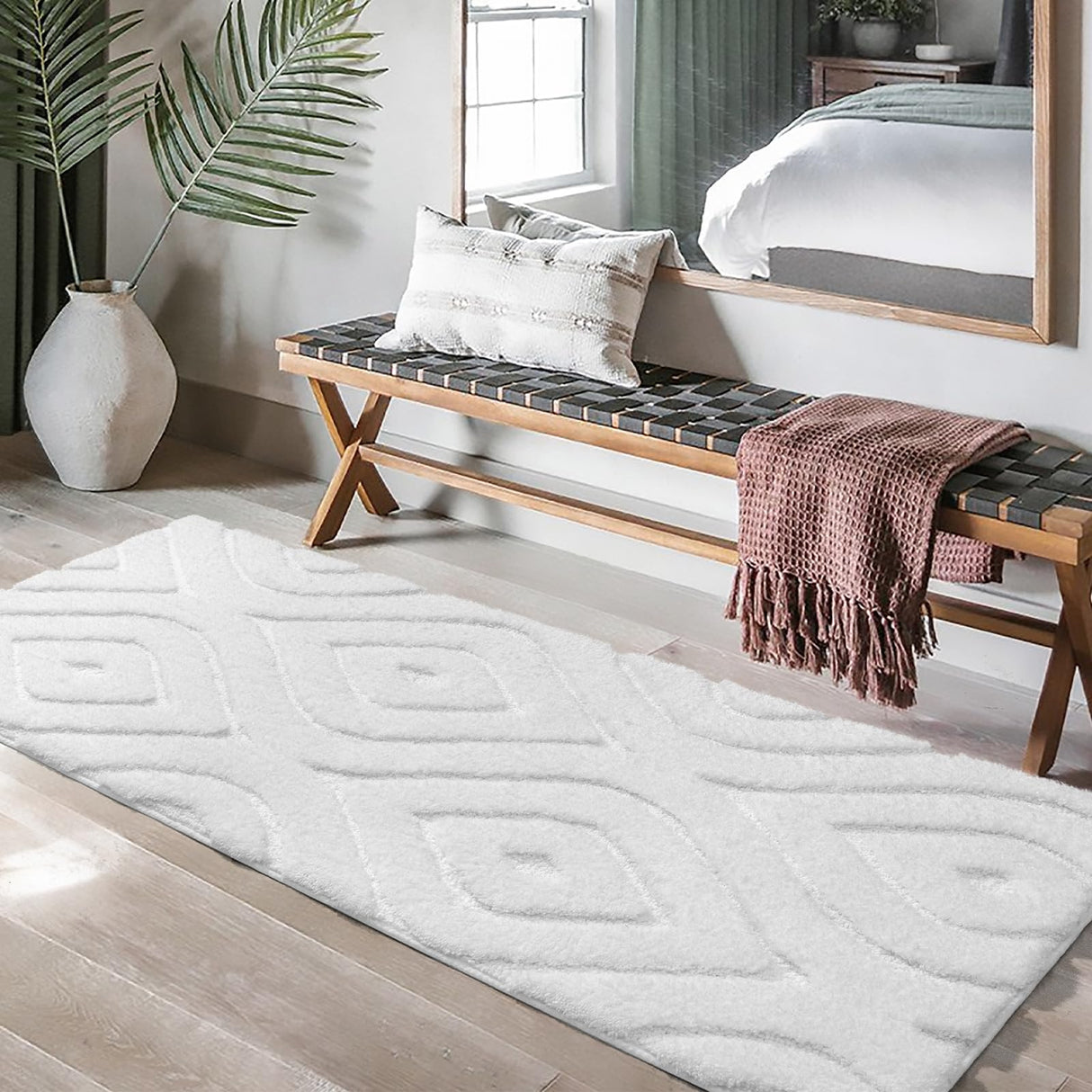 DEXDE Bathroom Rugs Runner 24x60 Long Bathroom Rug Non Slip Soft Washable Large Bath Mats for Bathroom Bedroom Hallway Kitchen Floor Carpet Modern Boho Decor, White