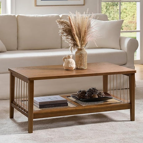 Coffee Table with Storage Rattan Shelf, 2-Tier Farmhouse Rectangular Center