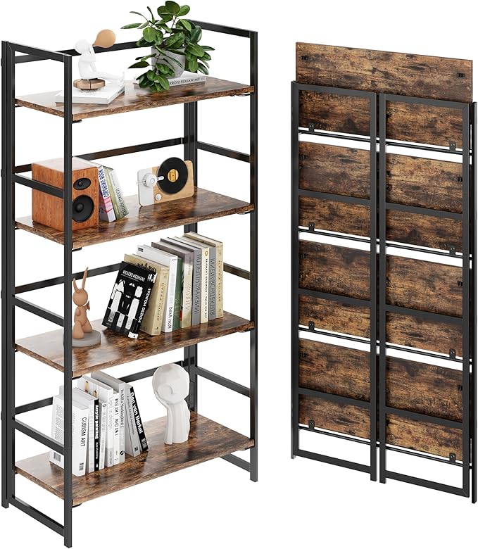 Vintage Multifunctional Folding Bookshelf, No-Assembly Plant Stand Storage Rack Shelves