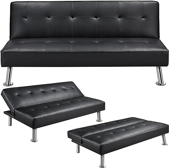 Modern Folding Futon Loveseat Black Faux Leather Futon Sleeper Bed Convertible