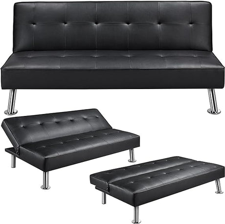 Modern Folding Futon Loveseat Black Faux Leather Futon Sleeper Bed Convertible