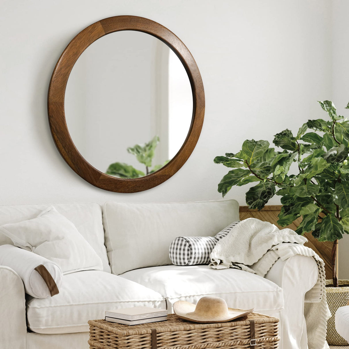 Round Mirrors 30 Inch,Wood Vanity Wall Rustic Mirror with Walnut Frame, Wooden Mirror