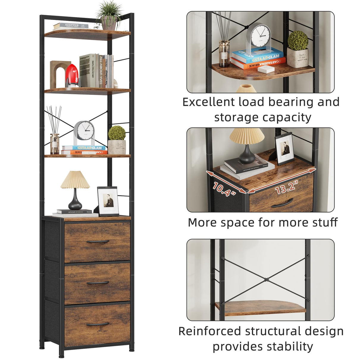 Corner Bookshelf with 3 Fabric Drawers, 68" Tall Narrow Bookcase, Corner Stand for Livingroom, Bedroom, Rustic Brown