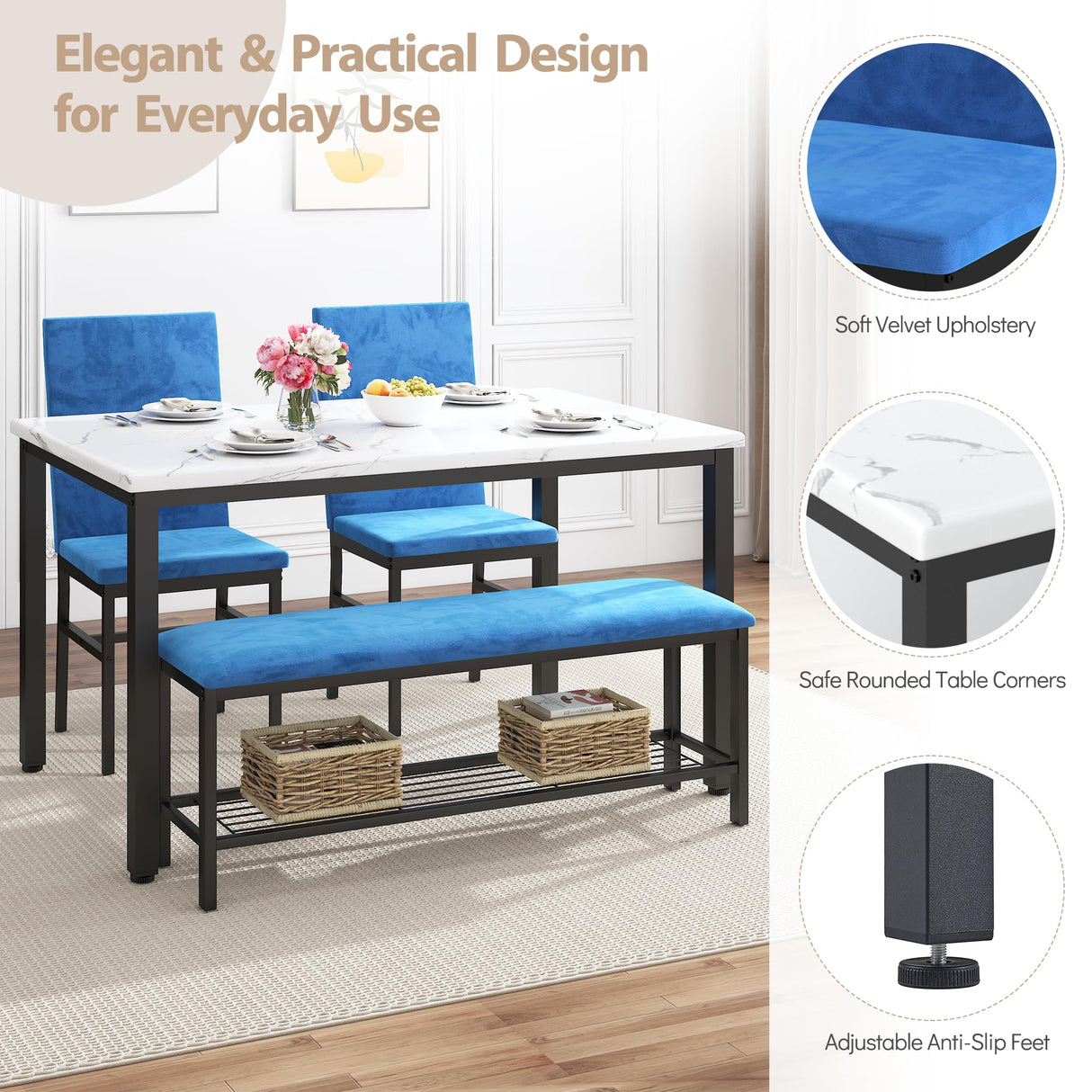 4-Piece Faux Marble Dining Table Set with Upholstered Bench and Chairs