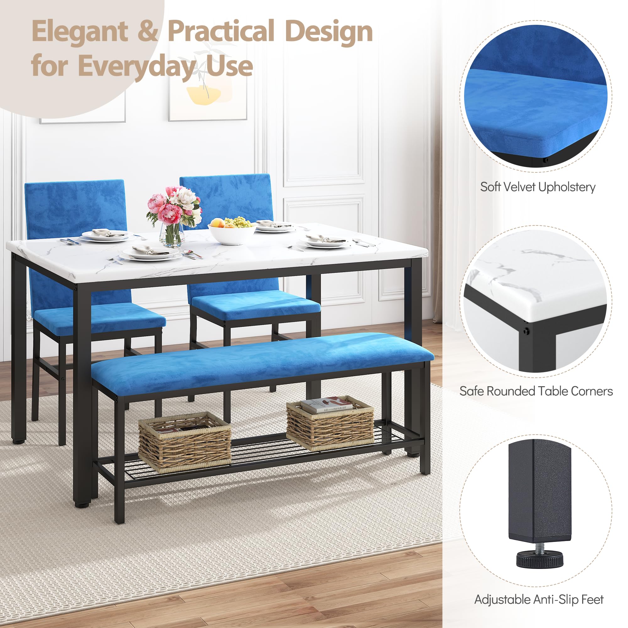 4-Piece Faux Marble Dining Table Set with Upholstered Bench and Chairs