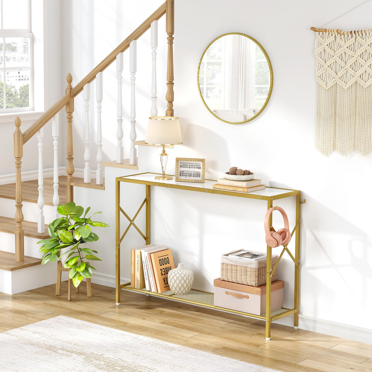 Gold Console Table, 2 Tier Narrow Entryway Table with Shelves and Hooks,