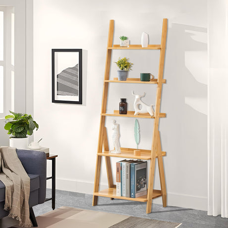 5-Tier Bamboo Ladder Shelf Ladder Bookshelf Plant & Flower Stand Bookcase