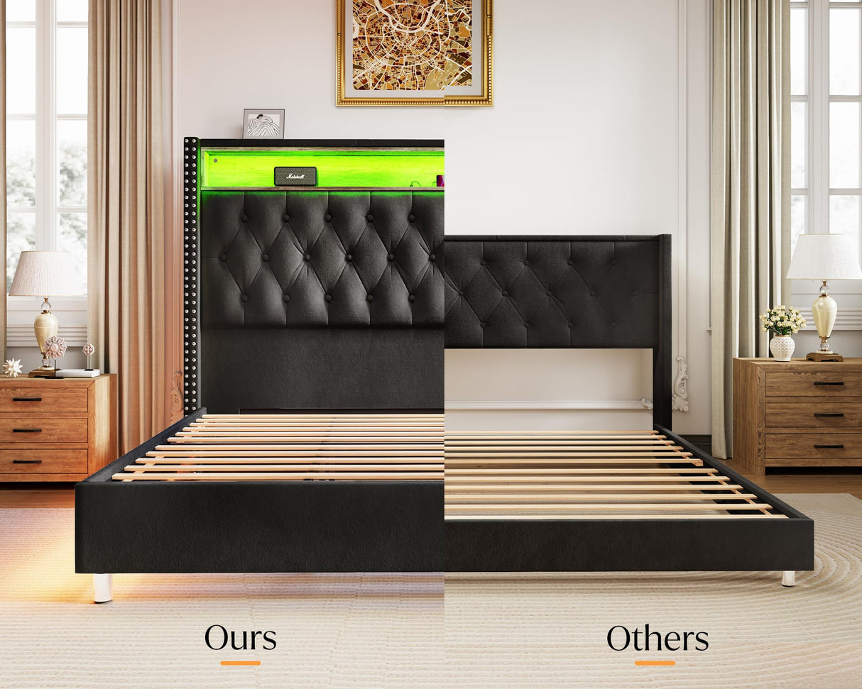 Bed Frame with LED Lights and Charging Station, Velvet Tall Upholstered Platform Bed