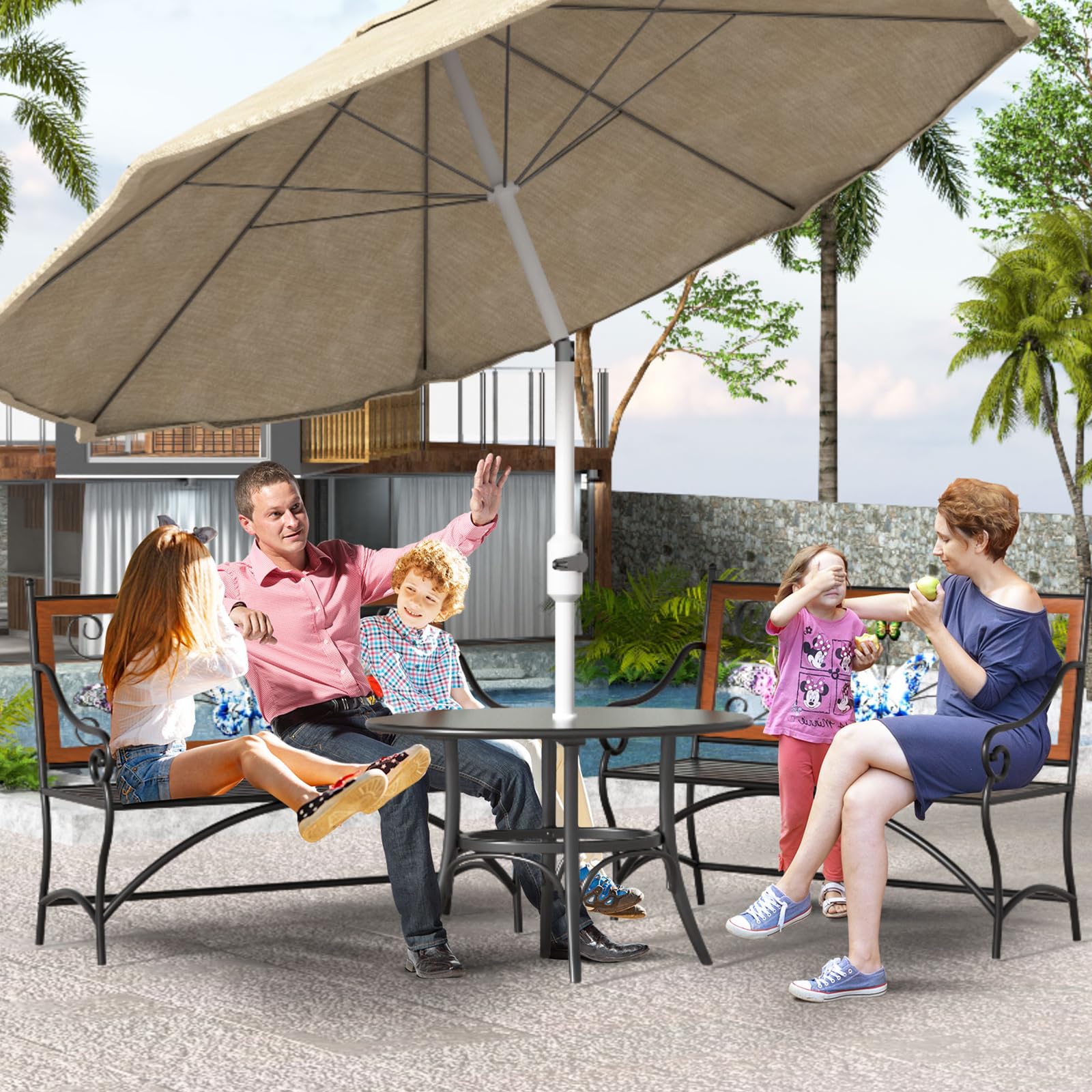 39.7" Outdoor Bench, Garden Bench, Patio Bench with Armrest, Slatted Seat and Butterfly