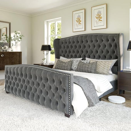 Queen Size Platform Bed Frame, Velvet Upholstered Bed with Deep Button Tufted & Nailhead Trim Wingback Headboard/No Box Spring Needed/Grey