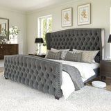 Queen Size Platform Bed Frame, Velvet Upholstered Bed with Deep Button Tufted & Nailhead Trim Wingback Headboard/No Box Spring Needed/Grey