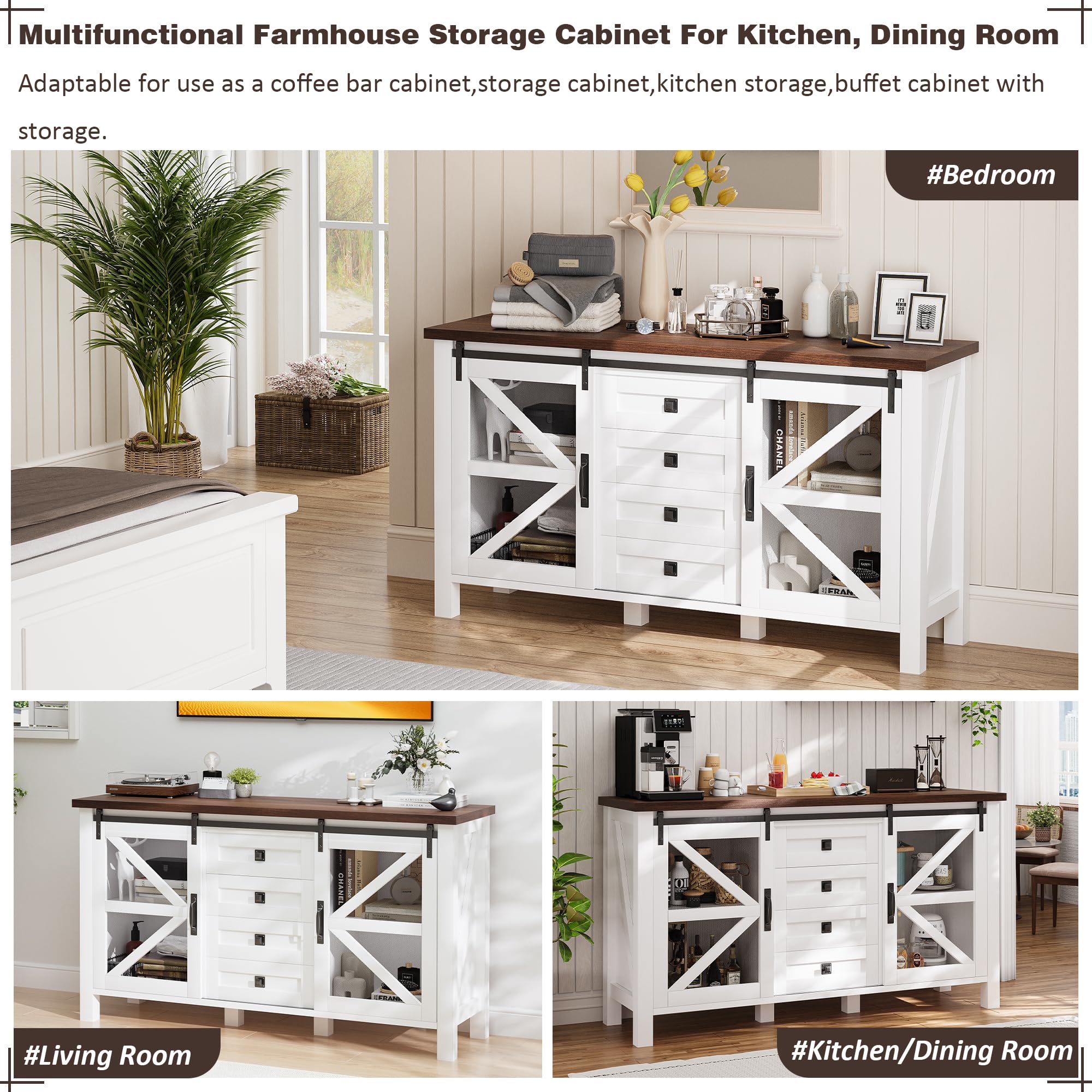 Farmhouse Sideboard Cabinet Buffet Cabinet with Storage, 60" Large Coffee Bar