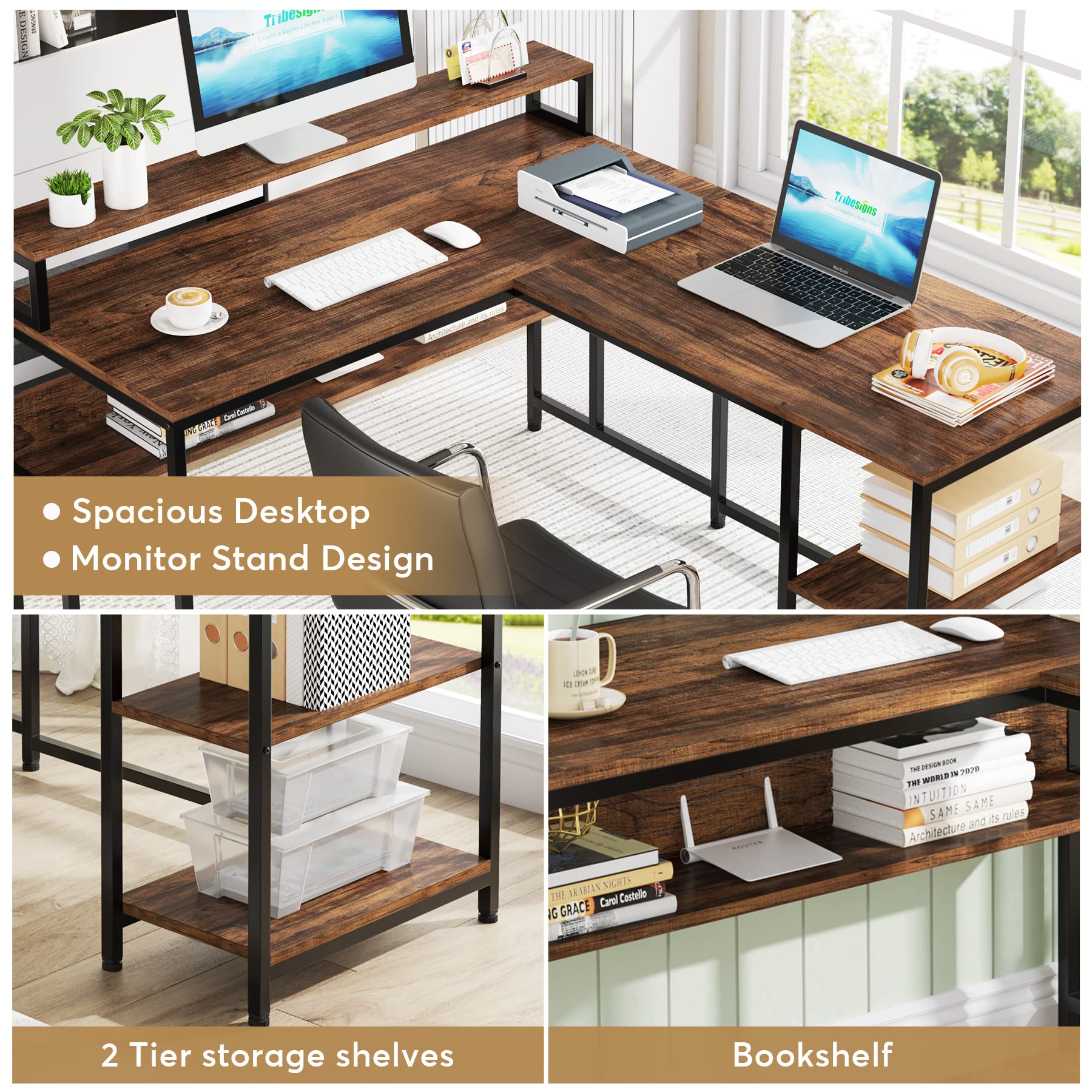 L Shaped Desk with Shelves, 59" Home Office Desk, Reversible Corner Computer Desk