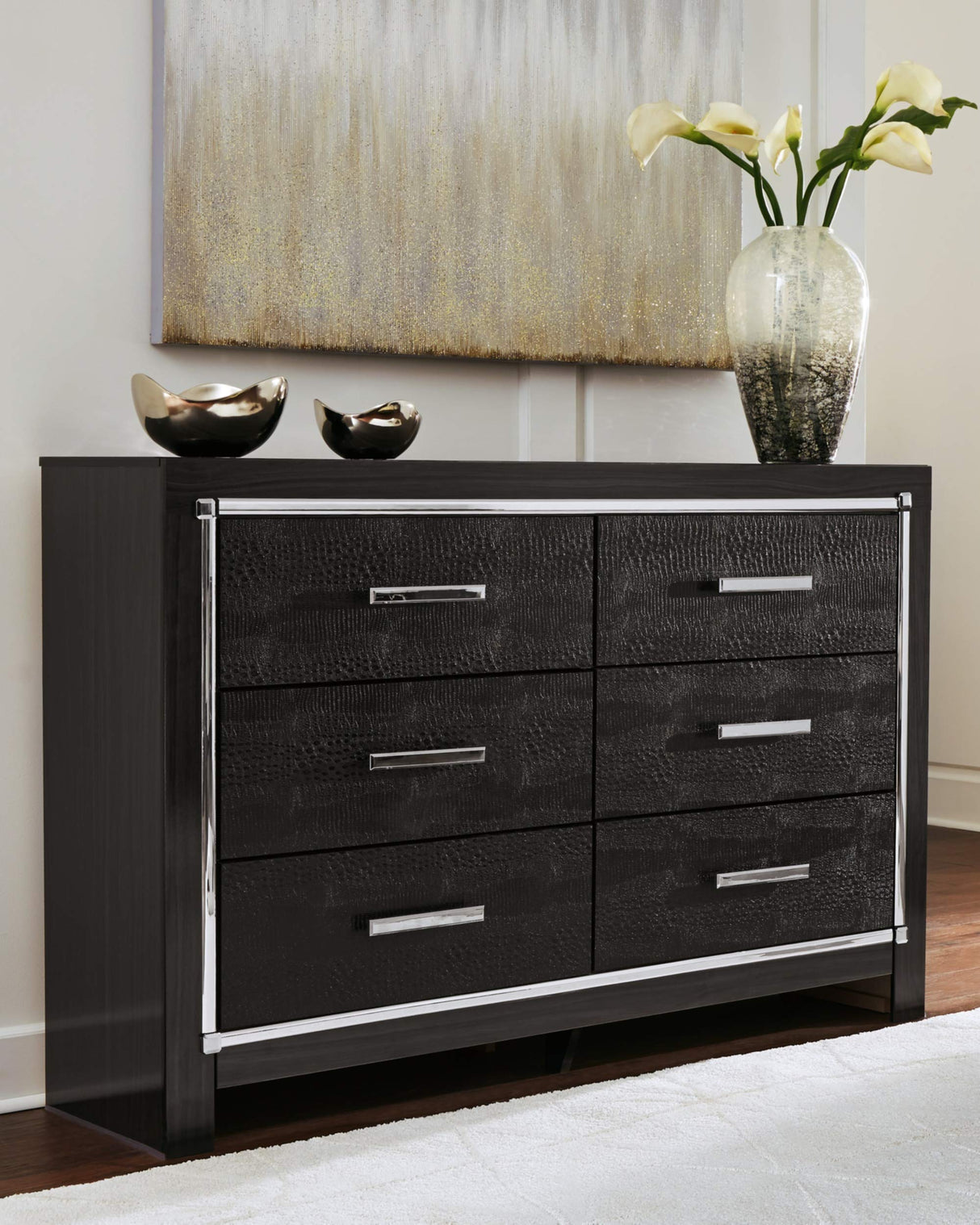 Kaydell Glam 6 Drawer Dresser with Faux Alligator Panels & Chrome-Tone Accents, Black