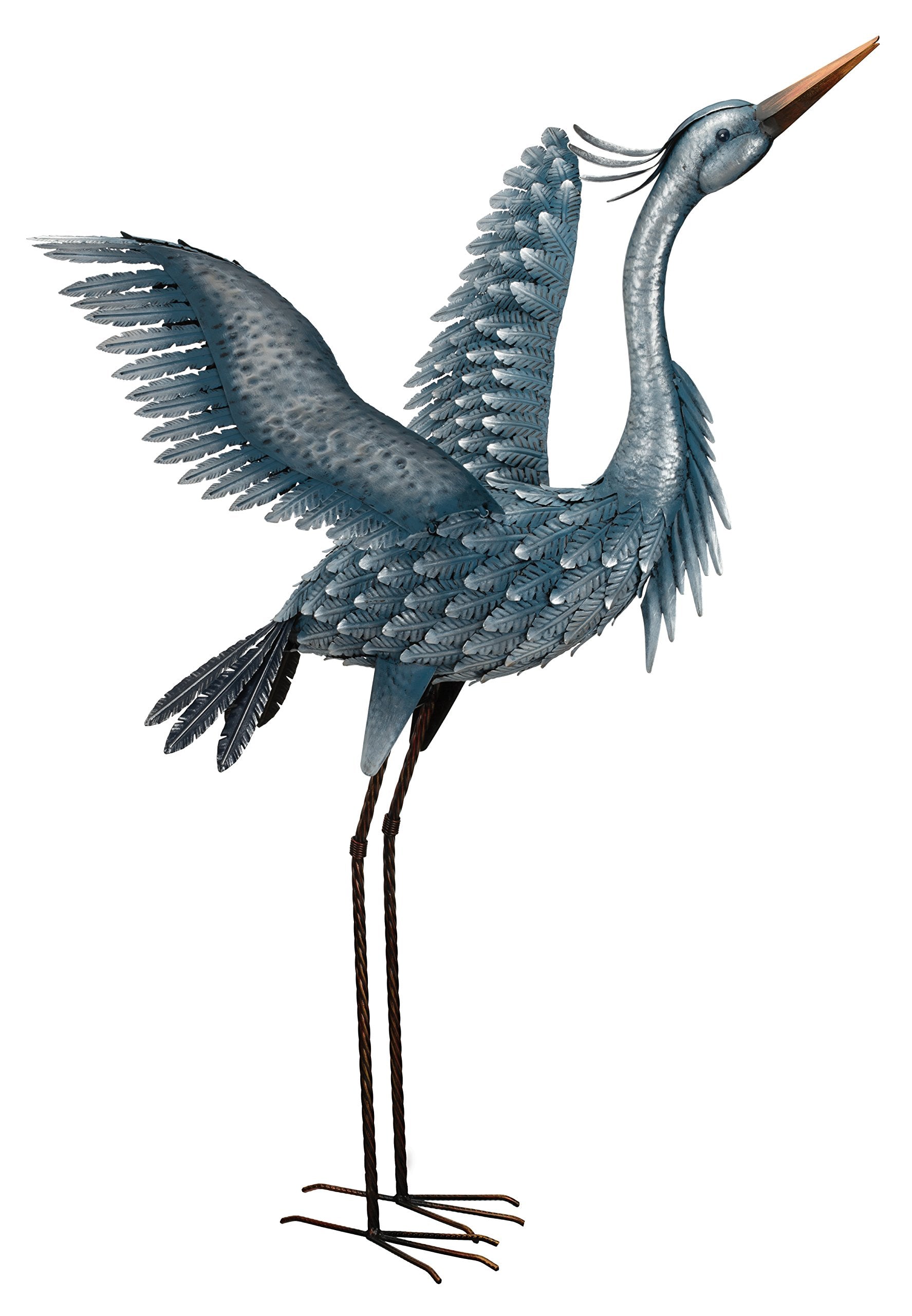Metallic Heron Bird Statue with Wings Up - 47” Tall, Hand-Painted Blue Bird Decor