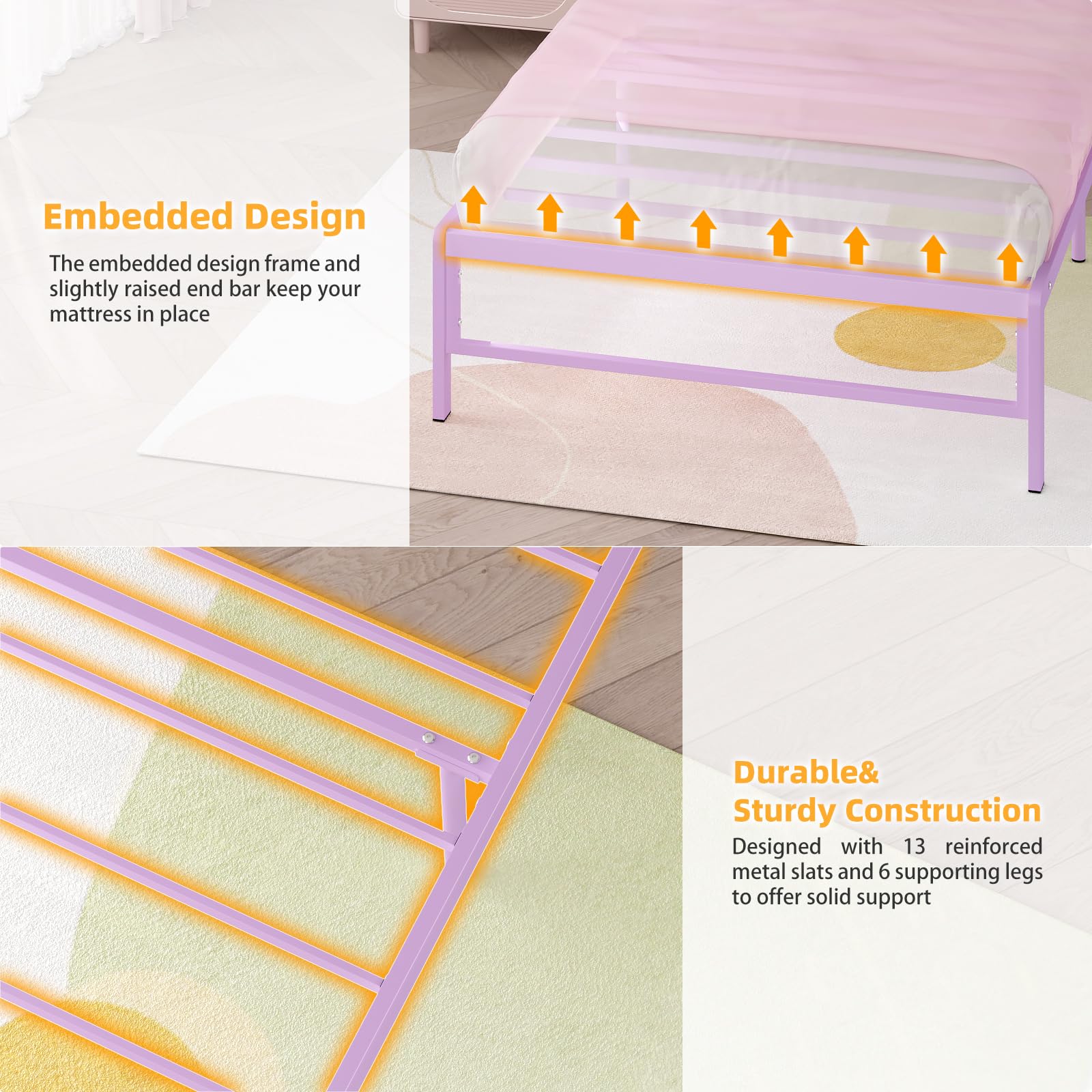 Twin Bed Frame with Charging Station & Storage Headboard - Purple