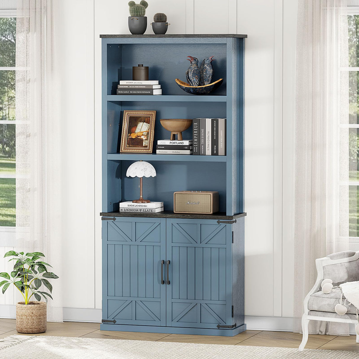 5 Tier Farmhouse Book Shelf with Storage Cabinet, Bookcase with Doors and shelves,