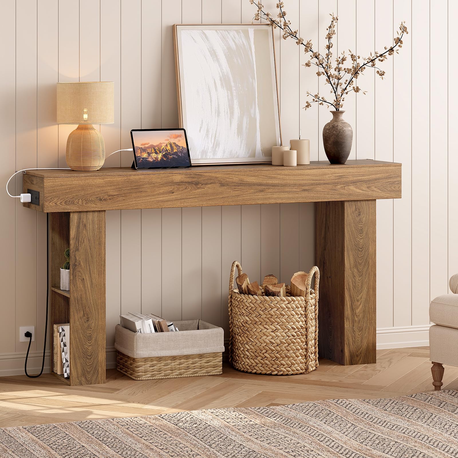 63" Console Table with Charging Station and LED Lights