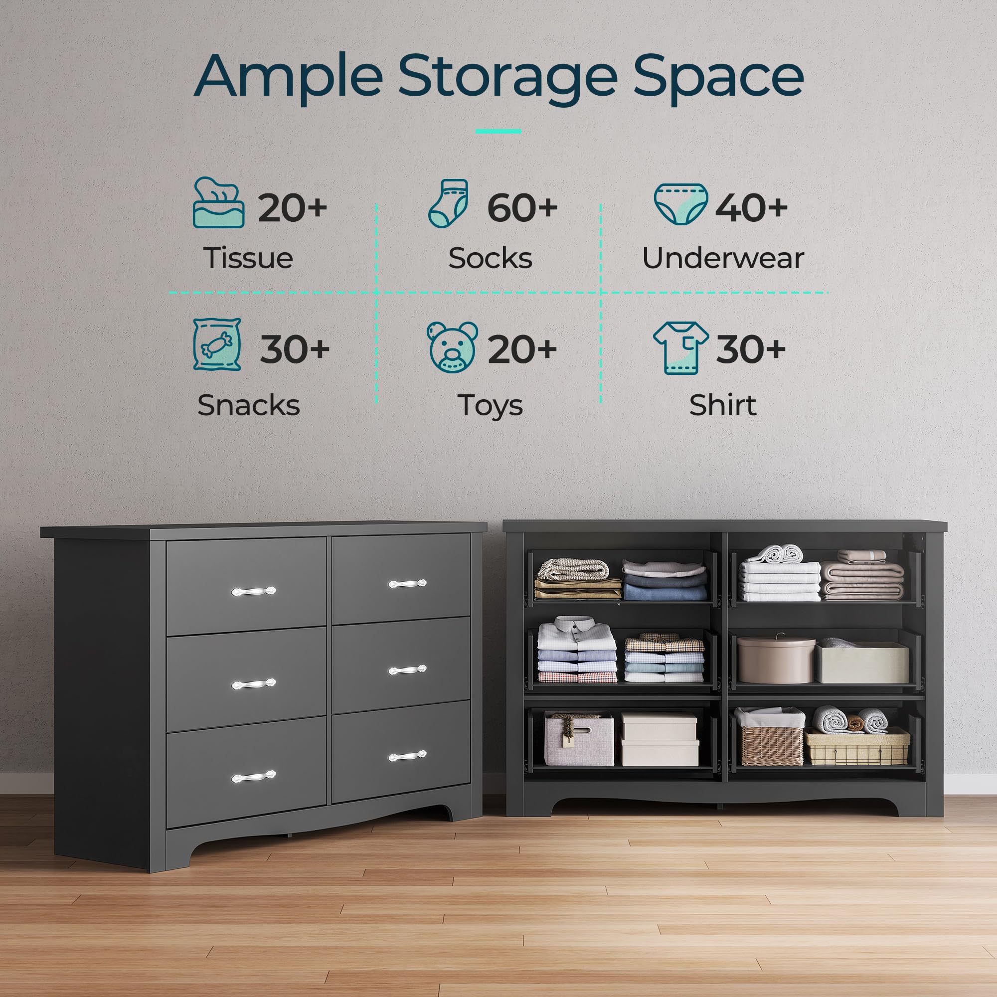 6 Drawers Dresser for Bedroom, Modern Wood Dresser Organizer