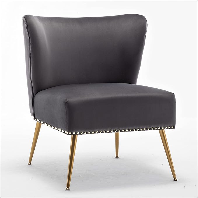 Thia Armless Velvet Accent Chair for Living Room, Elegant Seat with Nailhead Trim, Gold