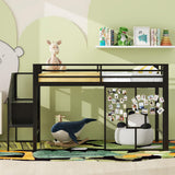 Twin Size Metal Low Loft Bed Frame with Storage Staircase and Iron mesh, Black