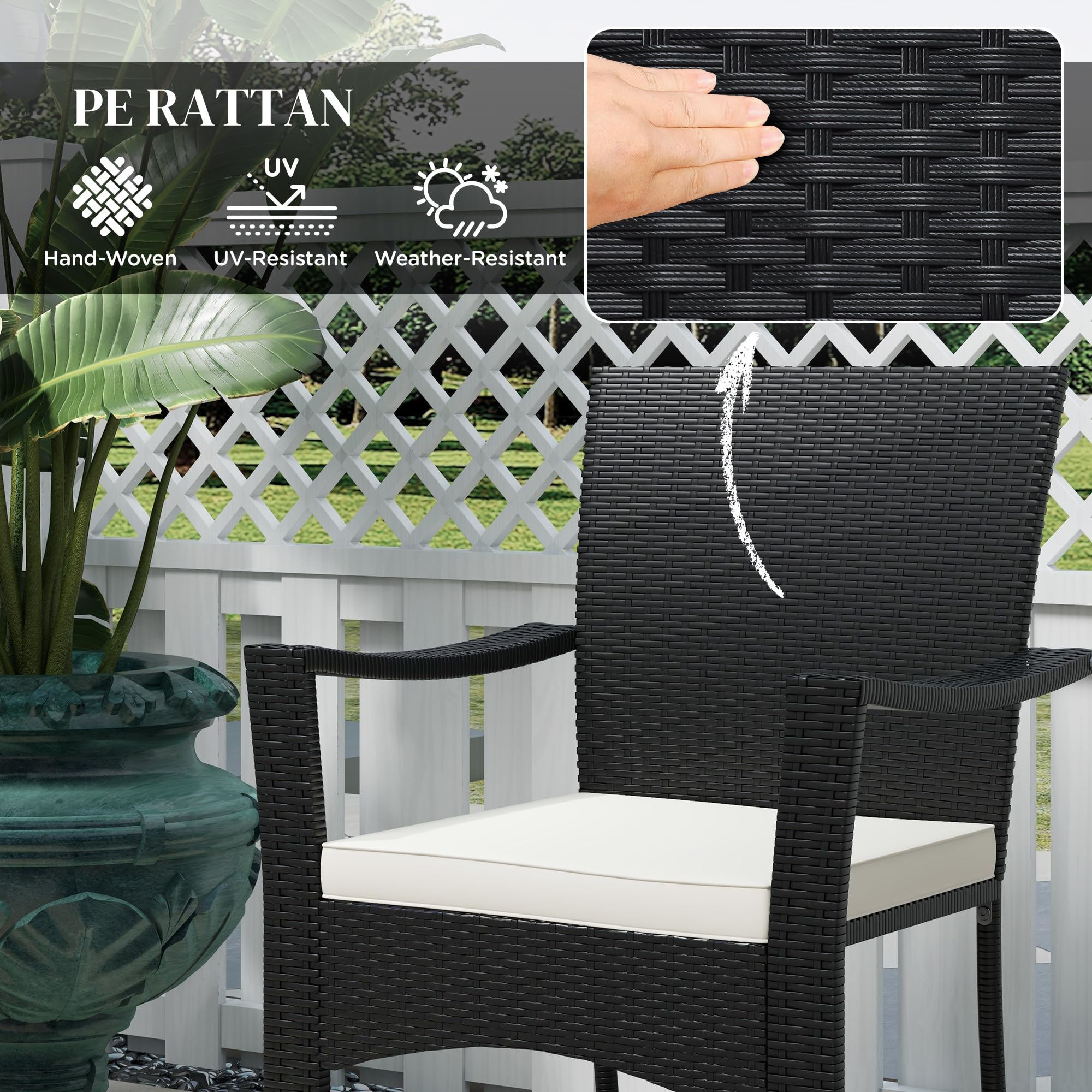 Outsunny 3 Pieces Wicker Outdoor Bistro Set, Rattan Patio Furniture Set with Folding Coffee Table, Porch Chairs with Cushions for Backyard, Balcony, Garden, White