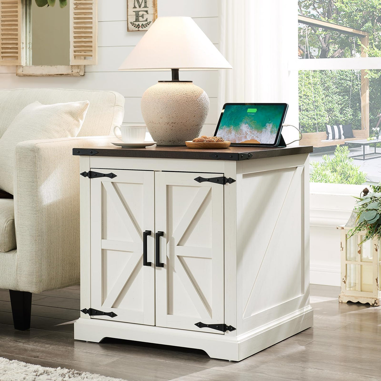 Farmhouse End Table with Charging Station,24" Large Sofa Side Table