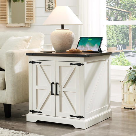 Farmhouse End Table with Charging Station,24" Large Sofa Side Table