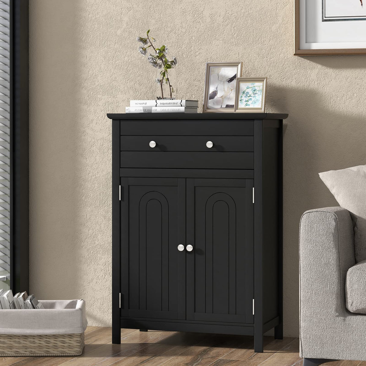 Bathroom Floor Cabinet, Freestanding Wooden Storage Cabinet with Large Drawer and Cabinet,