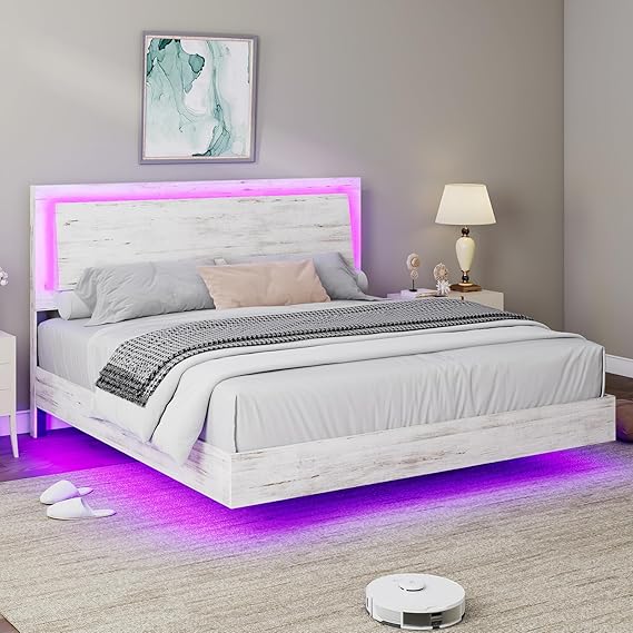 King Size Floating Platform Bed Frame with LED Light and Headboard