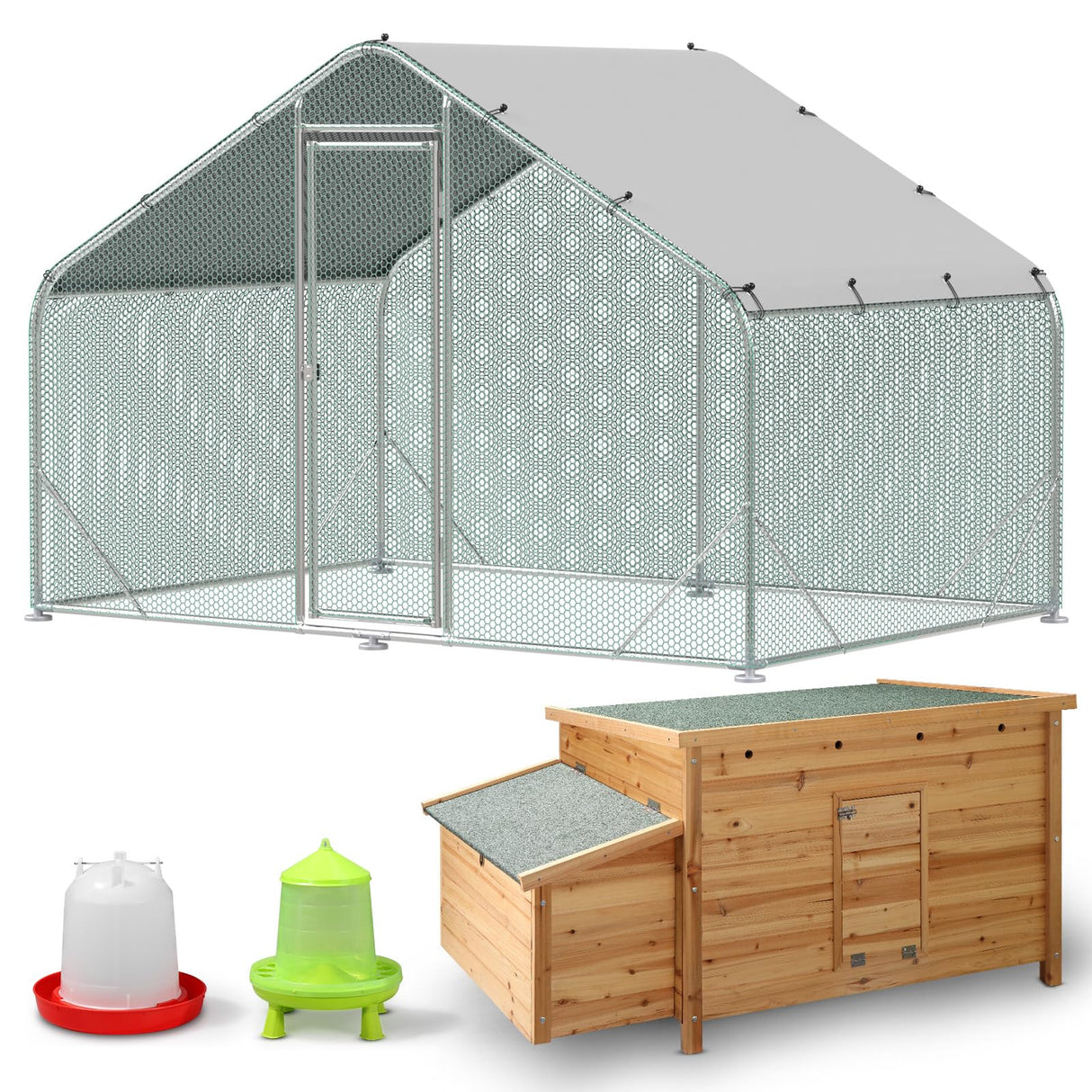 10x6FT Metal Chicken Coop with Hen House & Feeder Waterer Set, Walk-in Poultry Cage