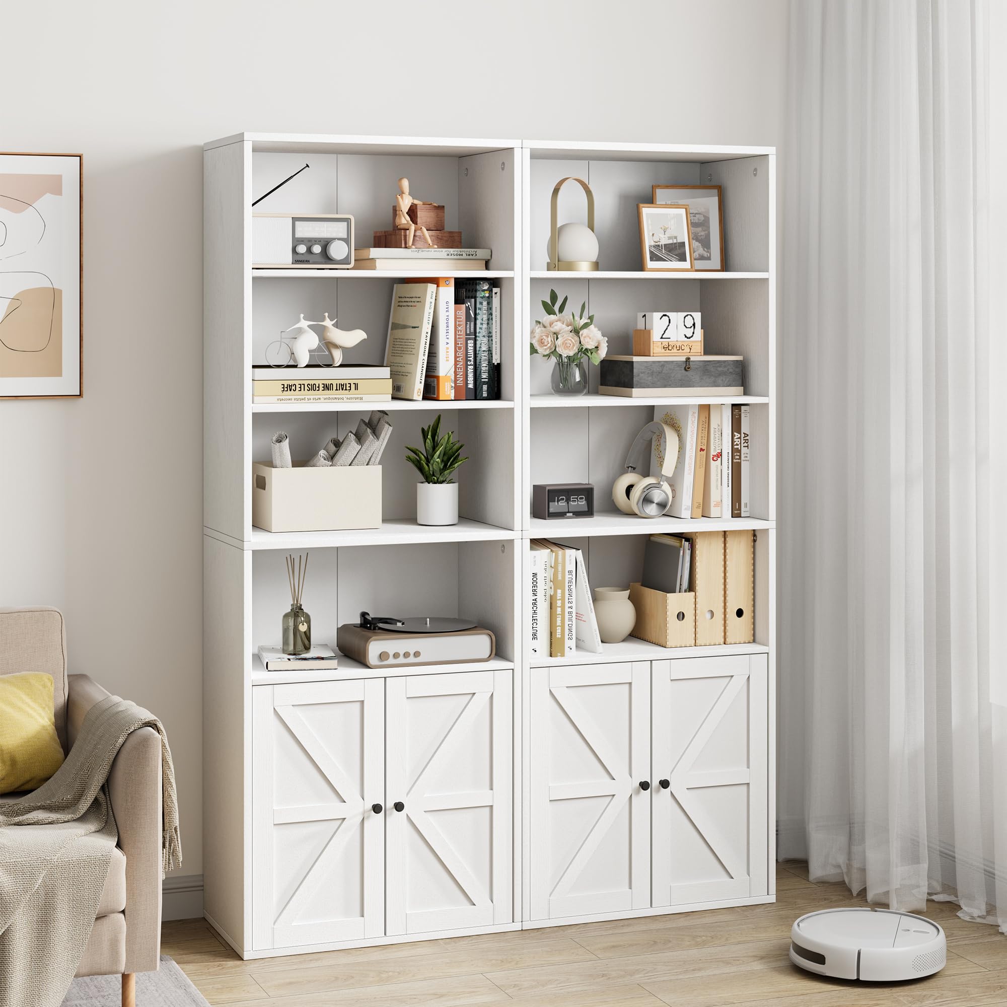 Bookcase with Doors Industrial Bookshelf 11.8in Depth Display Storage Shelves 71.4in