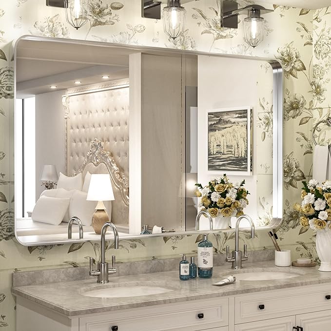 Brushed Silver Bathroom Mirror for Wall Brushed Brass Metal Rounded Corner