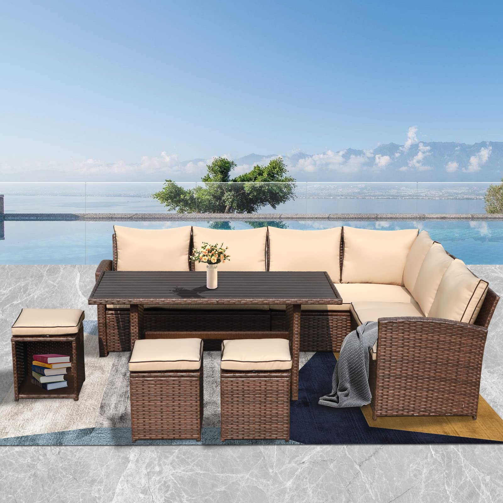 7 Pieces Patio Furniture Set, Outdoor Patio Dining Sofa Set W/Cushion