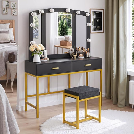 White Vanity Desk with Mirror and 9 LED Light Bulbs, Makeup Vanity Desk with Drawers and Stool