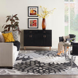 Aloha Indoor/Outdoor Black White 9' x 12' Area Rug, Tropical, Botanical, Easy Cleaning